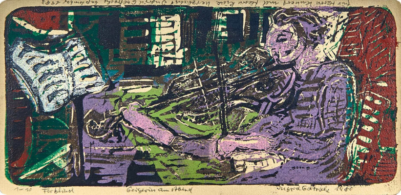 Ingrid Goltzsche, Geigerin am Abend, 1980<br />Farblinolschnitt, 10 x 37 cm, 1/10<br /><strong>Startpreis 100 €</strong>