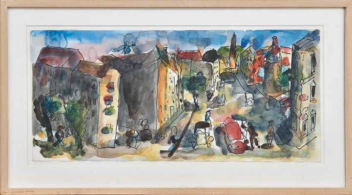 Harald Metzkes, Kollwitzplatz<br />Feder, Tusche auf Papier, 23 x 48 cm<br /><strong>Startpreis 430 €</strong><br /><span style="color:#FF0000;"><strong> verkauft</strong></span>