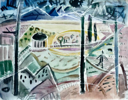 Karin Sakrowski, Granada (Ausflug II), 1989  <br /> Mischtechnik auf Aquarellpapier, 40,5 x 52 cm   <br /><strong>Startpreis 420 € </strong>