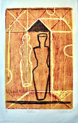 Karin Sakrowski, Verbleib 2000, <br /> Farbholzschnitt (von 3 Platten), 54 x 35 cm, 3/8 <br /><strong>Startpreis 180 € </strong>