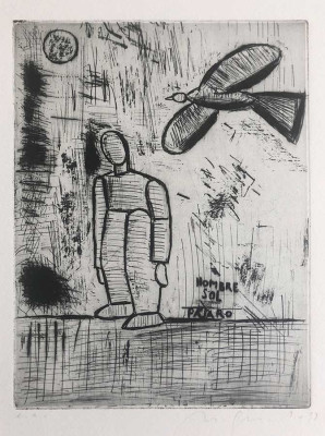 Nuria Quevedo, Mann mit Vogel,1998 <br /> Radierung/Siebdruck, 20 x 15 cm <br /><strong>Startpreis 80 €</strong><br /><span style="color:#FF0000;"><strong> verkauft</strong></span>