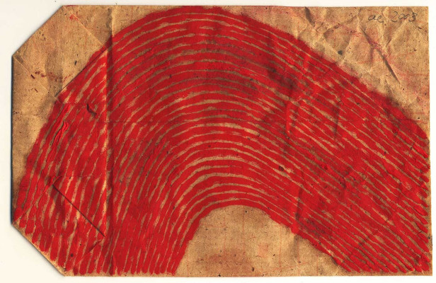 Andrea Engelmann, Bauchung, 2003 <br /> Öl auf Papier (DDR Einkaufstüte), 21,6 x 14,2 cm <br /><strong>Startpreis 160 € </strong>, Rahmen optional 20 €