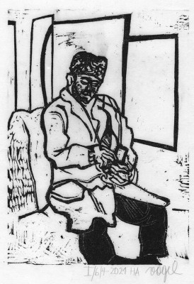 Heidi Vogel, Mann mit Mütze und Handy, 2021 <br /> Holzschnitt auf Japanpaier, 15 x 21 cm, I/6/4 <br /><strong>Startpreis 110 € </strong>