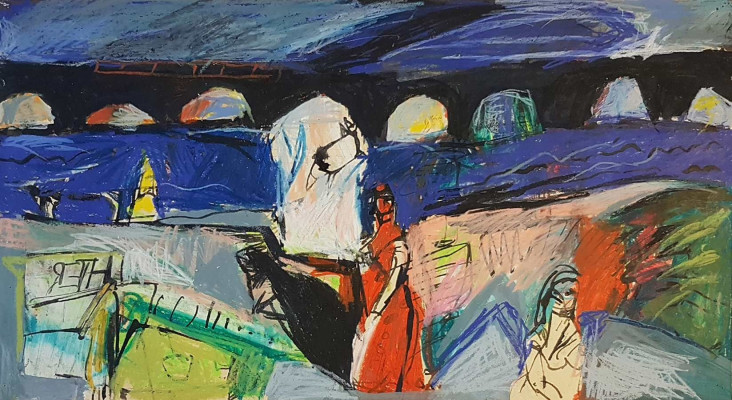 Inga Rensch, o.T., (Brücke) 1990er <br /> Wachskreide, Tusche auf Papier, 24 x 44 cm <br /><strong>Startpreis 230 € </strong>, Rahmen optional 30 €