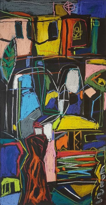 Inga Rensch, o.T., (Stadtszene) 1990er <br /> Wachskreide auf Papier, 49,2 x 25,5 cm <br /><strong>Startpreis 250 € </strong>, Rahmen optional 30 €<br /><span style="color:#FF0000;"><strong> verkauft</strong></span>