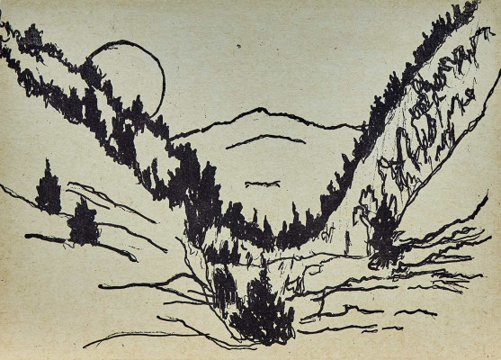 Charlotte E. Pauly, o.T. (Berglandschaft) <br /> Zeichnung, 10 x 15 cm <br /><strong>Startpreis 30 € </strong>, II. Auflage 15/39, Nachlassstempel
Rückseite