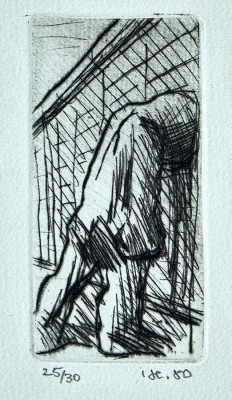 Friedrich B. Henkel, Mann, seinen Kopf gegen die Mauer schlagend, 1980 <br /> Radierung, 7,5 x 3,5 cm, 25/30 <br /><strong>Startpreis 40 € </strong>, signiert