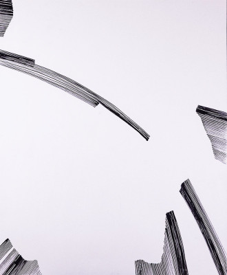 Liz Mields-Kratochwil, Linien - Stadt 4, 2023 <br /> Tusche auf Karton, 49 x 40 cm <br /> <strong> Startpreis 180 €</strong><br /><span style="color:#FF0000;"><strong> verkauft</strong></span>