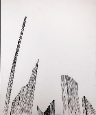 Liz Mields-Kratochwil, Linien - Stadt 5, 2023 <br /> Tusche auf Karton, 49 x 40 cm <br /> <strong> Startpreis 180 € </strong>