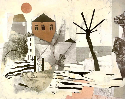 Elke Pollack, Am Meer, 2021 <br /> MT auf Papier (Öl, Stifte, Collage) , 31 x 41 cm, Rahmen optional 25 € <br /> <strong>Startpreis 420 € </strong><br />