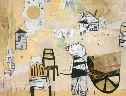 Elke Pollack, Mit Karren unterwegs, 2022 <br /> MT auf Papier (Öl, Monotypie, Collage) , 45 x 60 cm, Rahmen optional 35 € <br /> <strong>Startpreis 600,00 € </strong><br />