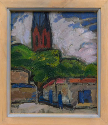 Klaus Roenspieß, Landschaft mit Kirche, 1999 <br /> Öl auf Leinwand, 35 x 30 cm<br /> <strong> Startpreis 450 € </strong>