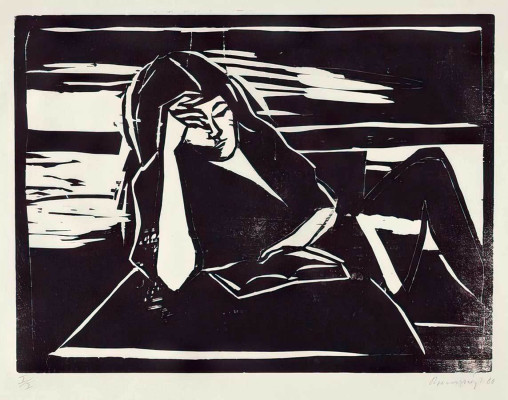Klaus Roenspieß, Lesende, 1980 <br /> Holzschnitt, 36 x 48 cm <br /> <strong>Startpreis 230 € </strong><br />