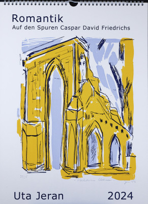 Uta Jeran, Romantik - Auf den Spuren Caspar David Friedrich, 2023 <br /> Siebdruck, 45 x 33 cm, Kalender.1 Deckblatt + 6 Blätter,21/25 <br /> <strong> Startpreis 150 € </strong>