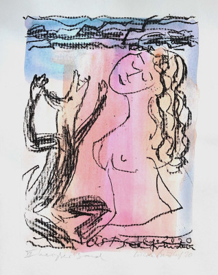 Linde Bischof, Heißer Sand, 2020 <br /> Lithografie/übermalt, Bütten, Auflage 9, 29 x 22 cm, Rahmen optional 10 € <br /> <strong>Startpreis 160 € </strong><br />