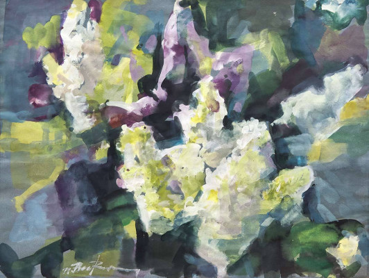 Uwe Beckmann, Flieder, 2016 <br /> Acrylfarbe auf farbigem Papier, 36 x 48 cm <br /> <strong>Startpreis 550 € </strong><br />