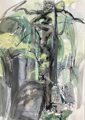 Volker Henze, Jüdischer Friedhof, 1986 <br /> Feder, Tusche, Goache, 42,5 x 29,5 cm, Rahmen optional 35 € <br /> <strong>Startpreis 420 € </strong><br /><span style="color:#FF0000;"><strong> verkauft</strong></span>