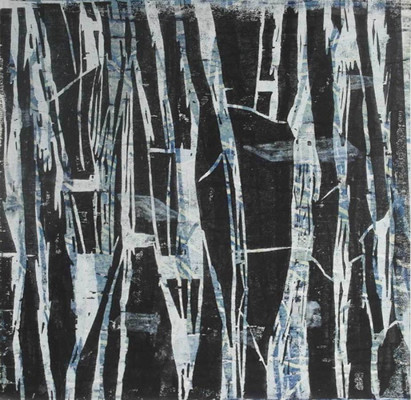 Elli Graetz, Wald, 2017/20 <br /> Sieb,- Holzdruck, Unikat, 30 x 30 cm, Rahmen optional 25 € <br /> <strong>Startpreis 190 € </strong><br />