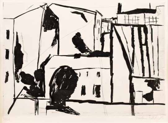 Joachim Böttcher, Fensterausblick, 1986 <br /> Radierung, 10/12, 46 x 49,5, Platte 27,5 x 39,5 cm<br /> <strong> Startpreis 350 € </strong>