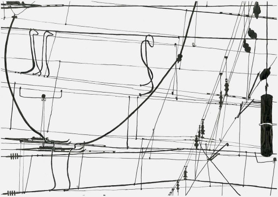 Susanne Schüffel, Oberleitungen Kölnserie 1, 2023 <br /> Tusche auf Pergamentpapier, A3 cm, Rahmen optional 20 € <br /> <strong> Startpreis 320 € </strong>