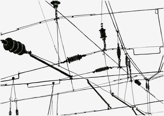 Susanne Schüffel, Oberleitungen Kölnserie 2, 2023 <br /> Tusche auf Pergamentpapier, A4 cm, Rahmen optional 20 € <br /> <strong> Startpreis 320 € </strong>