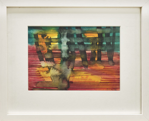 Matthias Wegehaupt, Bäume auf dem Ufer, 2018 <br /> Aquarell / Gouache, 14 x 19 cm, Rahmen inkl. <br /> <strong> Startpreis 180 € </strong><br /><span style="color:#FF0000;"><strong> verkauft</strong></span>