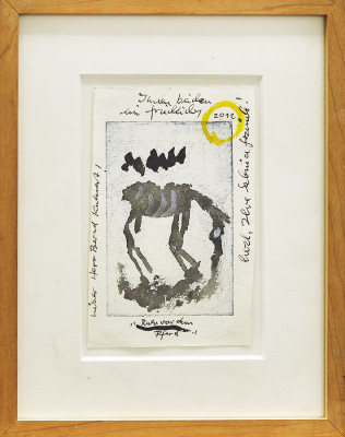 Sabina Grzimek, Ruhe vor dem Pferd, 2012 <br /> Radierung / MT, 16 x 10 cmRahmen inclusive <br /> <strong>Startpreis 110 € </strong><br /><span style="color:#FF0000;"><strong> verkauft</strong></span>