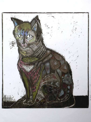 Heidi Vogel, Wächter, 2008 <br /> Holzschnitt coloriert / Unikat, 32,5 x 29 cm, Rahmen optional 50 € <br /> <strong> Startpreis 320 € </strong><br /><span style="color:#FF0000;"><strong> verkauft</strong></span>