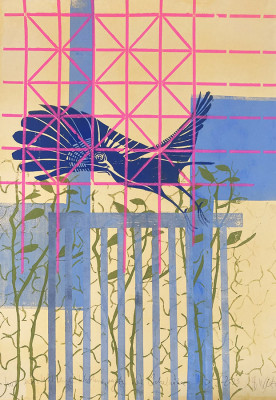 Barbara Wetzel, Hier entsteht eine Wildnis, sagt der Eichelhäher, 2023<br /> Holzschnitt auf Papier, 1/20, 50 x 70 cm, Rahmen optional 50 € <br /> <strong> Startpreis 400 € </strong>