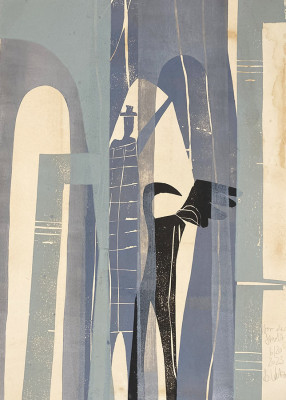 Barbara Wetzel, Vor der Stadt (für Else Lasker Schüler), 2023<br />Holzschnitt auf Papier, 6/20, 50 x 70 cm, Rahmen optional 50 € <br /> <strong> Startpreis 350 € </strong><br /><span style="color:#FF0000;"><strong> verkauft</strong></span>