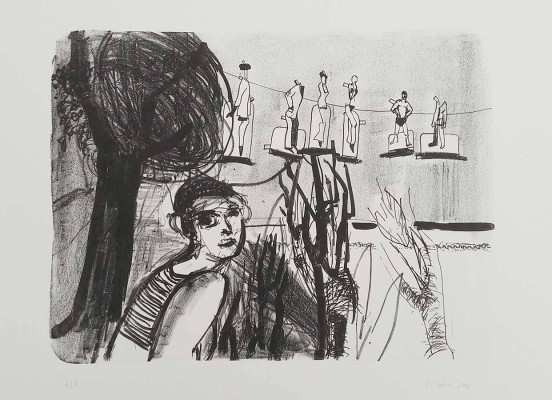 Isabel Pauer, Die Beobachterin, 2002 <br /> Lithografie, 31 x 42 cm, Rahmen optional 35 € <br /> <strong> Startpreis 170 € </strong>