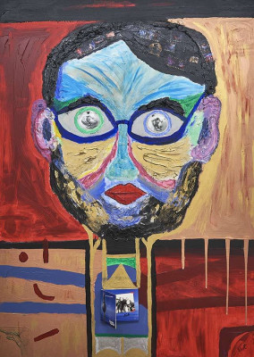 Ludwig Graf Westarp, Raubtier, 2022 <br /> MT (Foto/ Malerei), Leinwand, Papier, Acryl, Heavygel Malmittel, 140 x 100 cm <br /> <strong> Startpreis 1200 € </strong>