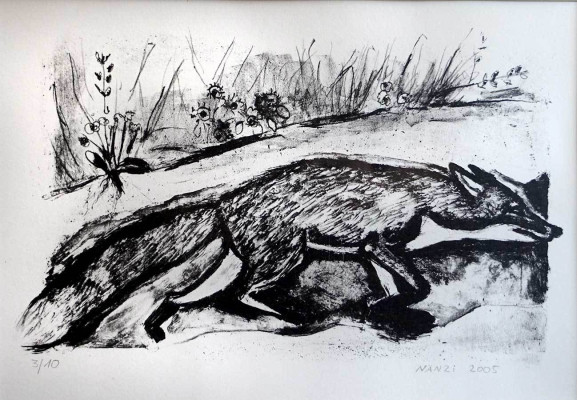 NÄNZI, Im Rosengarten (bez. 3/10, signiert, datiert), 2005<br />Lithographie (gerahmt), 18 x 30 cm<br /> <strong> Startpreis 450 € </strong>