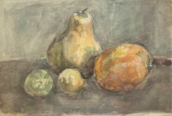 Manfred Böttcher, Stillleben mit Kürbis, mit Nachlaßstempel, 1960 <br /> Mischtechnik, 34 x 50 cm <br /> <strong>Startpreis 350 € </strong><br />