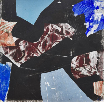 Annette Gundermann, Klänge der Nacht, 2023 <br /> Collage auf rückseitigem Holzschnitt, 47,5 x 48,5 cm, Rahmen optional 80 € @ <br /><strong> Startpreis 410 € </strong>