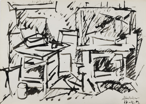 Manfred Böttcher, Atelier , 1999 <br /> Tuschzeichnung, 21 x 30 cm <br /> <strong> Startpreis 200 € </strong><br /><span style="color:#FF0000;"><strong> verkauft</strong></span>