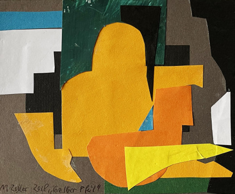 Manfred Zoller, Gelber Pfeil, 2018 <br /> Collage, 14,8 x 10,5 cm<br /><strong> Startpreis 90 € </strong>