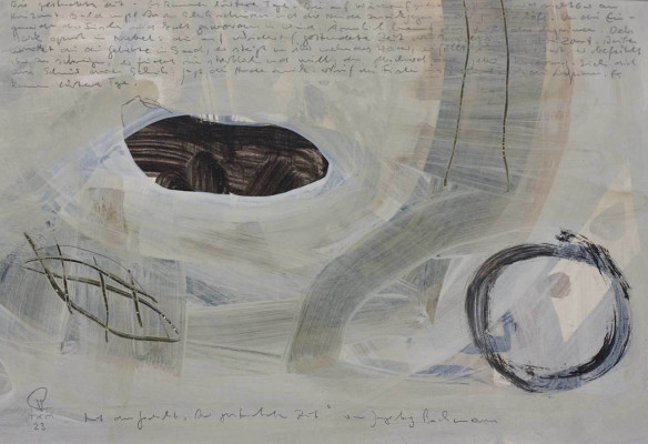 Thomas K. Müller, Die gestundete Zeit, 2023 <br /> Mischtechnik, 20 x 30 cmRahmen optional 25 € <br /> <strong>Startpreis 160 € </strong><br />