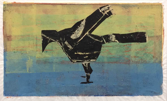 Vera Schwelgin, Krähe am Haff-Nida, 2017 <br /> Holzschnittcollage, 33 x 56 cm, Rahmen optional 50 € <br /> <strong>Startpreis 550 € </strong><br />