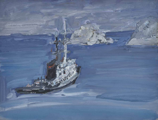 N.D. Gritscuk, MT, 1975 <br /> blaues Bild mit Boot, 36,5 x 47 cm <br /> <strong>Startpreis 300 € </strong><br />