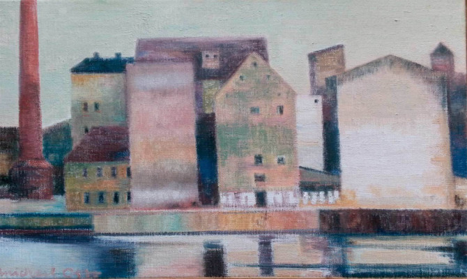 Michael Otto, Alte Speicher in Potsdam II, 2014 <br /> Öl, Leinwand, 30 x 50 cm, Rahmen inkl. <br /> <strong>Startpreis 550 € </strong><br />