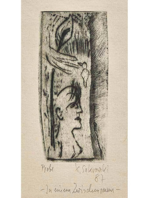 Karin Sakrowski, in einem Zwischenraum, 1987 <br /> Kaltnadel, 10 x 4.5 cm <br /> <strong>Startpreis 40 € </strong><br />