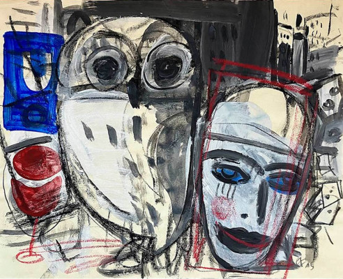 Ellen Fuhr, mit Eule, 2015 <br /> Papier, Mischtechnik, 38 x 48 cm, Rahmen optional 10 € <br /> <strong>Startpreis 250 € </strong><br /><span style="color:#FF0000;"><strong> verkauft</strong></span>