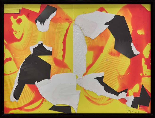 Ted Marschall, Mutantes, 2023 <br /> Collage / Malerei, 30 x 40 cm, Rahmen optional 10 € <br /> <strong> Startpreis 180 € </strong>