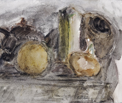 Manfred Böttcher, Stilleben mit Früchten, 1972 <br /> Mischtechnik, 22 x 26 cm <br /> <strong> Startpreis 200 € </strong>