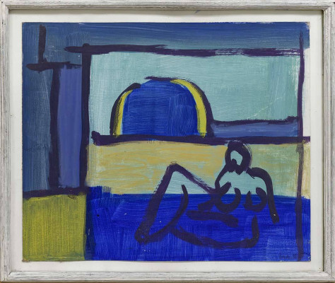 Linde Bischof, Am Pool, 1998 <br /> Tempera auf Karton, 44,5 x 54 cm, Rahmen optional 40 € <br /><strong> Startpreis 550 € </strong>