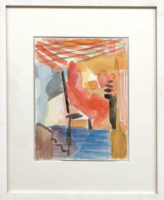 Ulrike Hahn, Figur unterm Sonnendeck, 2023 <br /> Aquarell, 32 x 24 cm, Rahmen optional 40 € <br /><strong> Startpreis 380 € </strong>