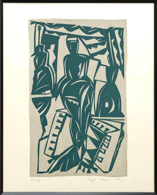 Inga Rensch, o.T. (Frau in Grün), 1992 <br /> Druckgrafik, Linolschnitt, 50 x 40 cm, gedruckt auf Karton 15/26 Rahmen optional 25 € <br /><strong> Startpreis 110 € </strong>