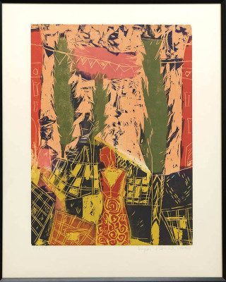 Inga Rensch, o.T. (drei Zypressen), 1991 <br /> Druckgrafik, Linolschnitt, 50 x 40 cm, gedruckt auf Karton 22/30 Rahmen optional 25 € <br /><strong> Startpreis 110 € </strong>