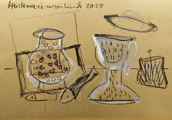 Heidemarie Woitinek, Stilleben mit Becher, 2025 <br /> Michtechnik, 29 x 42 cm <br /><strong> Startpreis 250 € </strong>